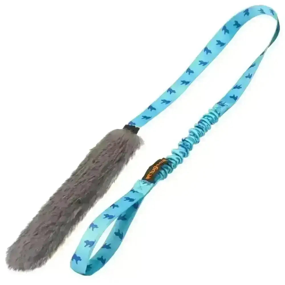 Grey plush faux fur toy with blue cord and dog pattern featuring a bungee handle