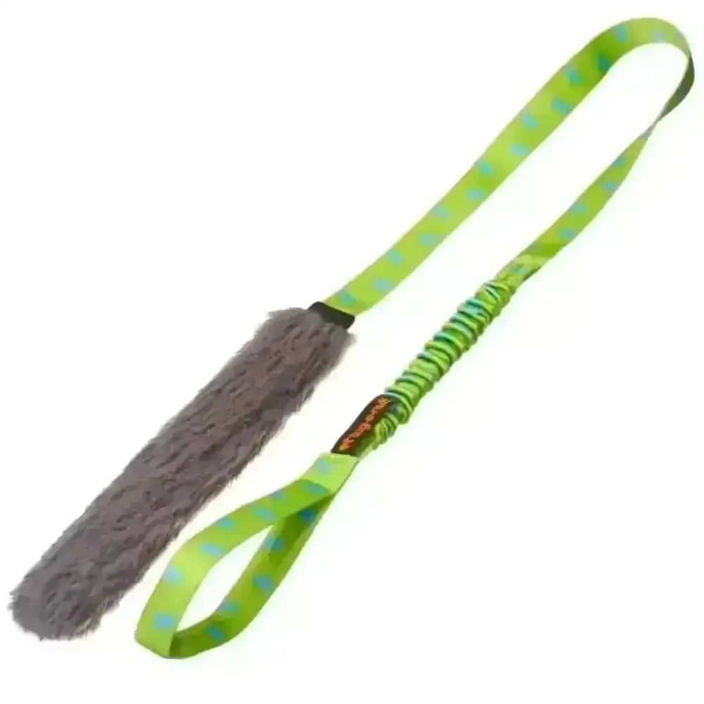 Green and blue polka dot dog toy with gray fuzzy end for Faux Fur Bungee Chaser Tug