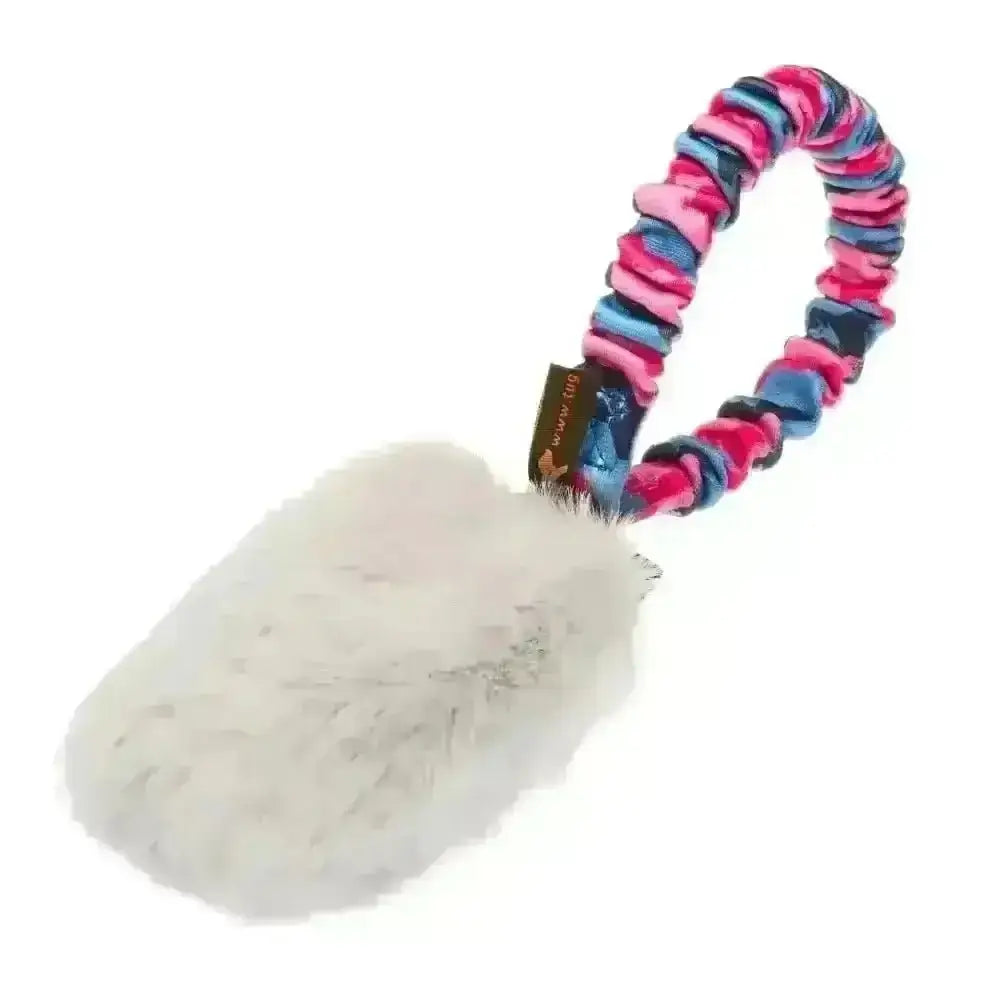 White fluffy dog toy with pink and blue rope handle from Faux Fur Pocket Bungee Squeaker