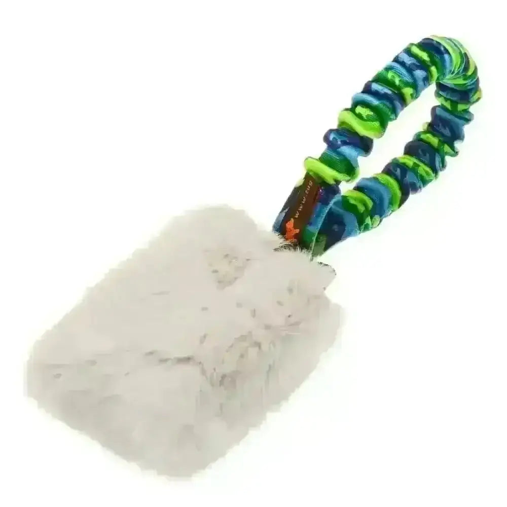 Gray plush dog toy with green and blue rope handle from Faux Fur Pocket Bungee Squeaker