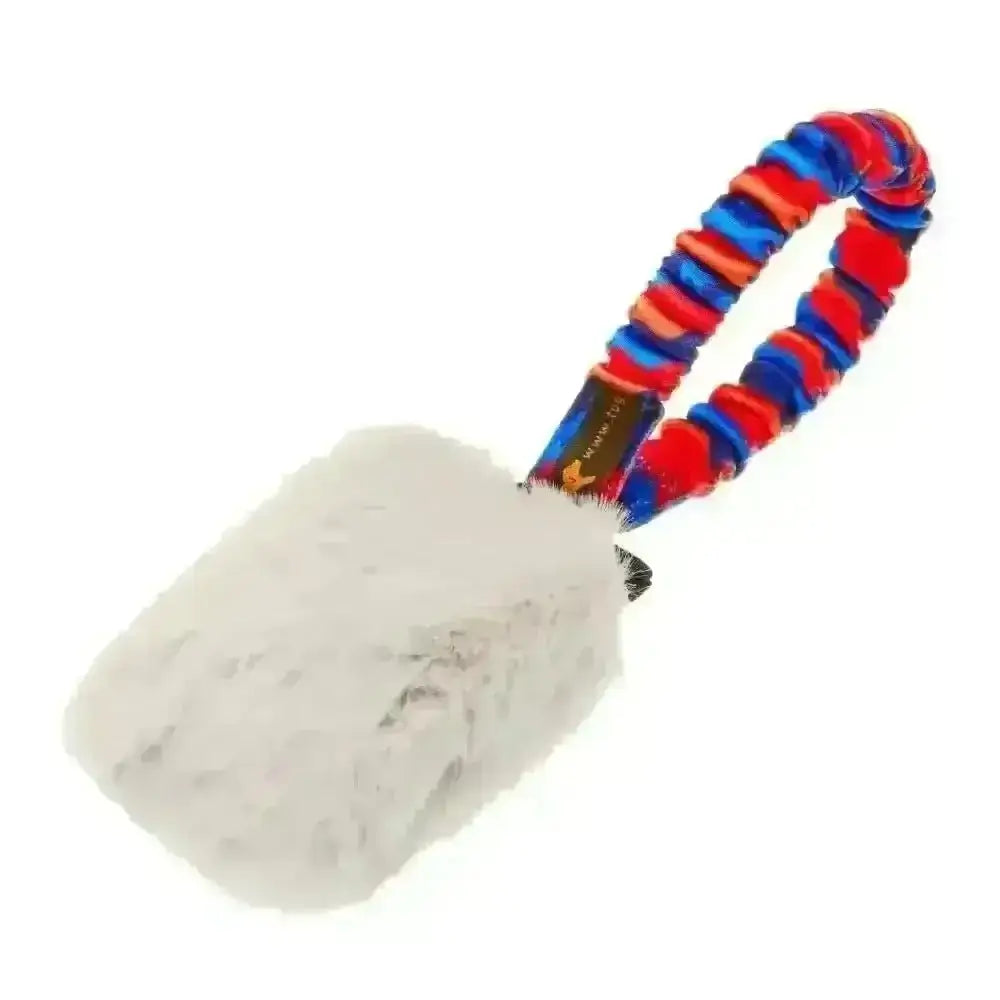 White plush dog toy with red and blue rope handle from Kong, ideal for active dogs