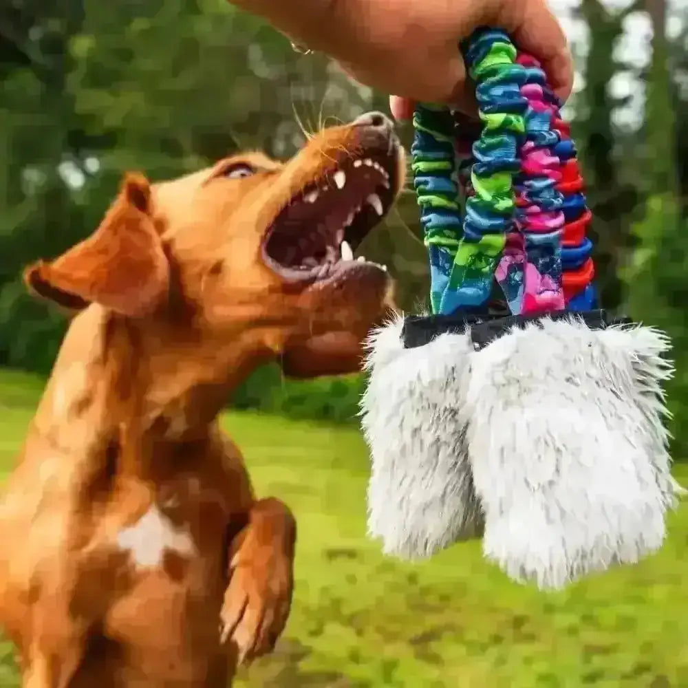 Multi-colored rope dog toy with plush ends from Faux Fur Pocket Bungee Squeaker for durability