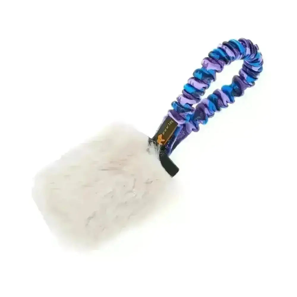 White fluffy dog toy with purple and blue rope handle designed by Kong, ideal for dogs