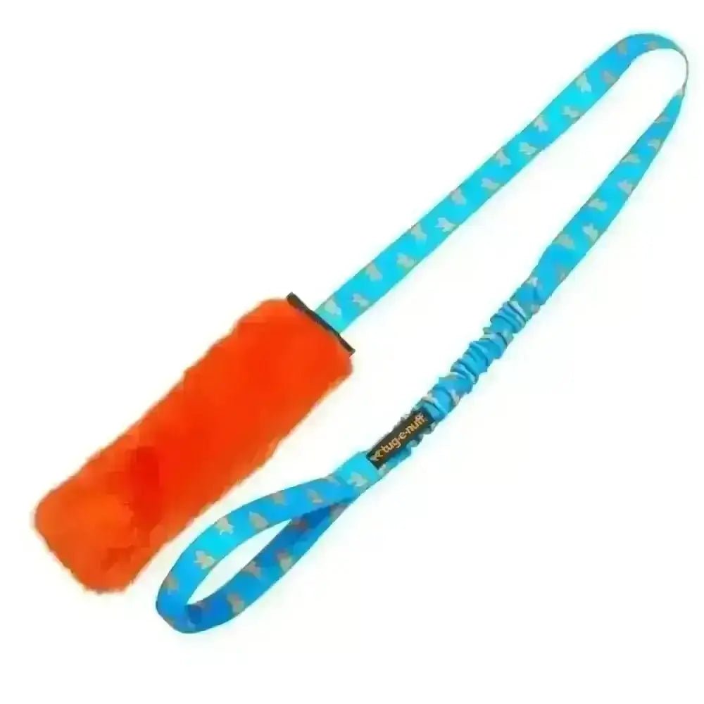 Faux fur squeaky bungee chaser: orange plush dog toy with blue leash