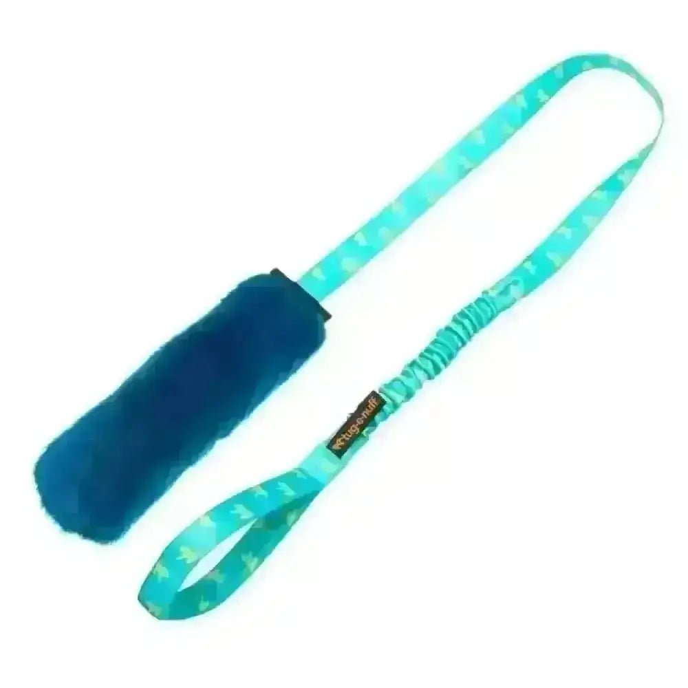 Teal leash with yellow bunny prints and blue fuzzy handle for Faux Fur Squeaky Bungee Chaser