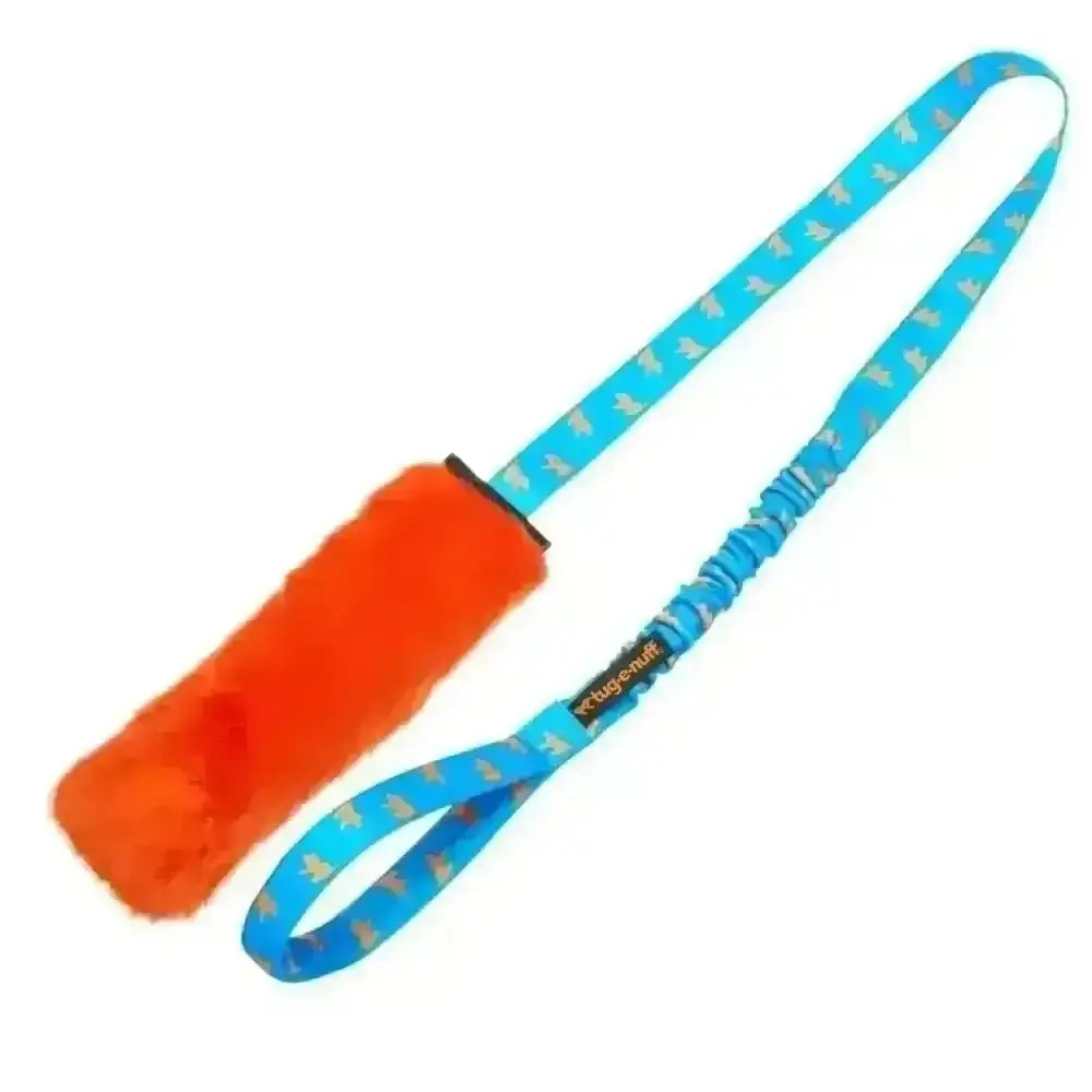 Faux fur squeaky bungee chaser: orange plush dog toy with blue leash