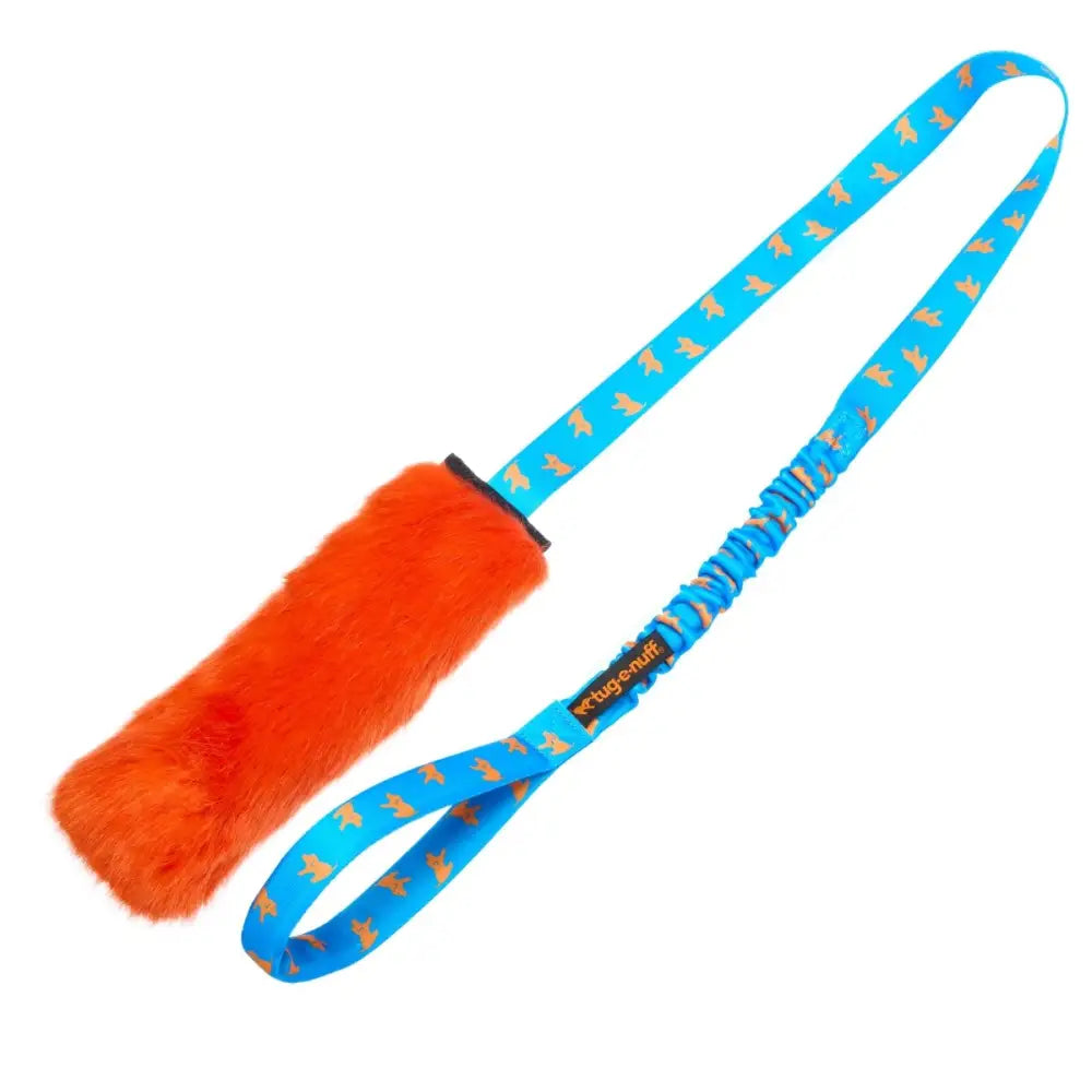 Faux fur squeaky bungee chaser: orange plush dog toy with blue leash