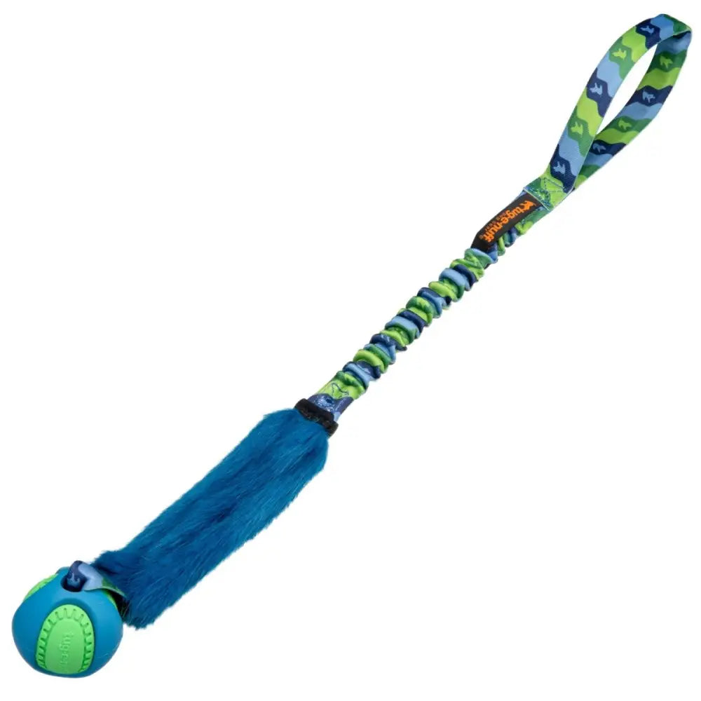 Fauxtastic PowerBall Bungee Tug blue green plush dog toy with ball end strap