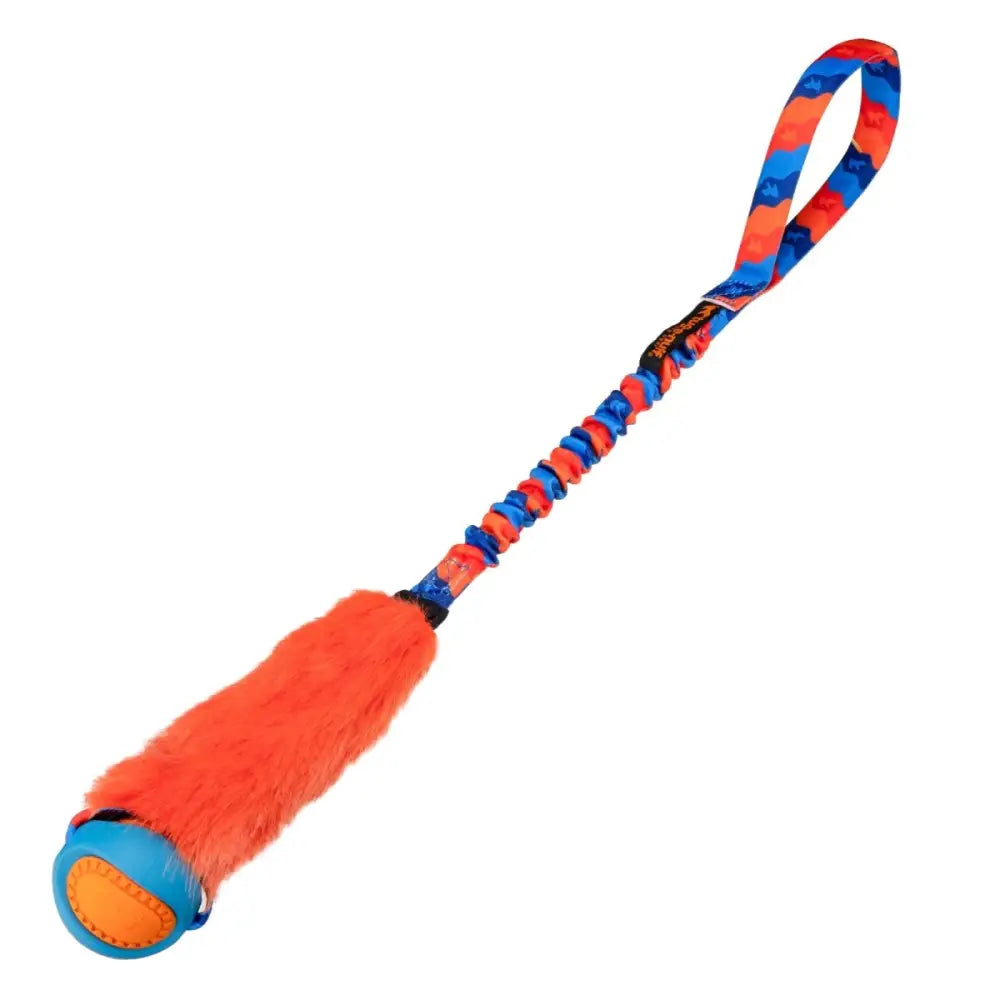 Fauxtastic PowerBall Bungee Tug toy with orange fuzzy design and bungee ball