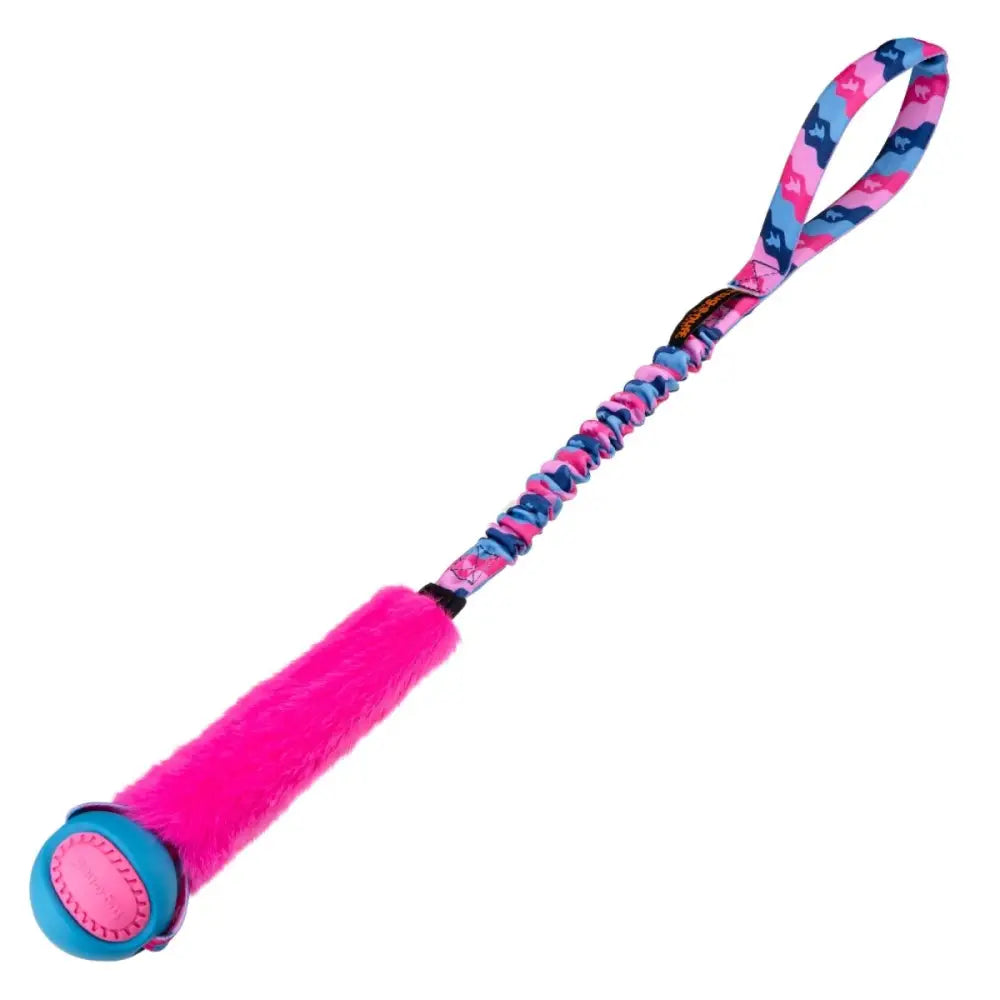 Vibrant pink fuzzy dog toy with blue pink strap in Fauxtastic PowerBall Bungee Tug