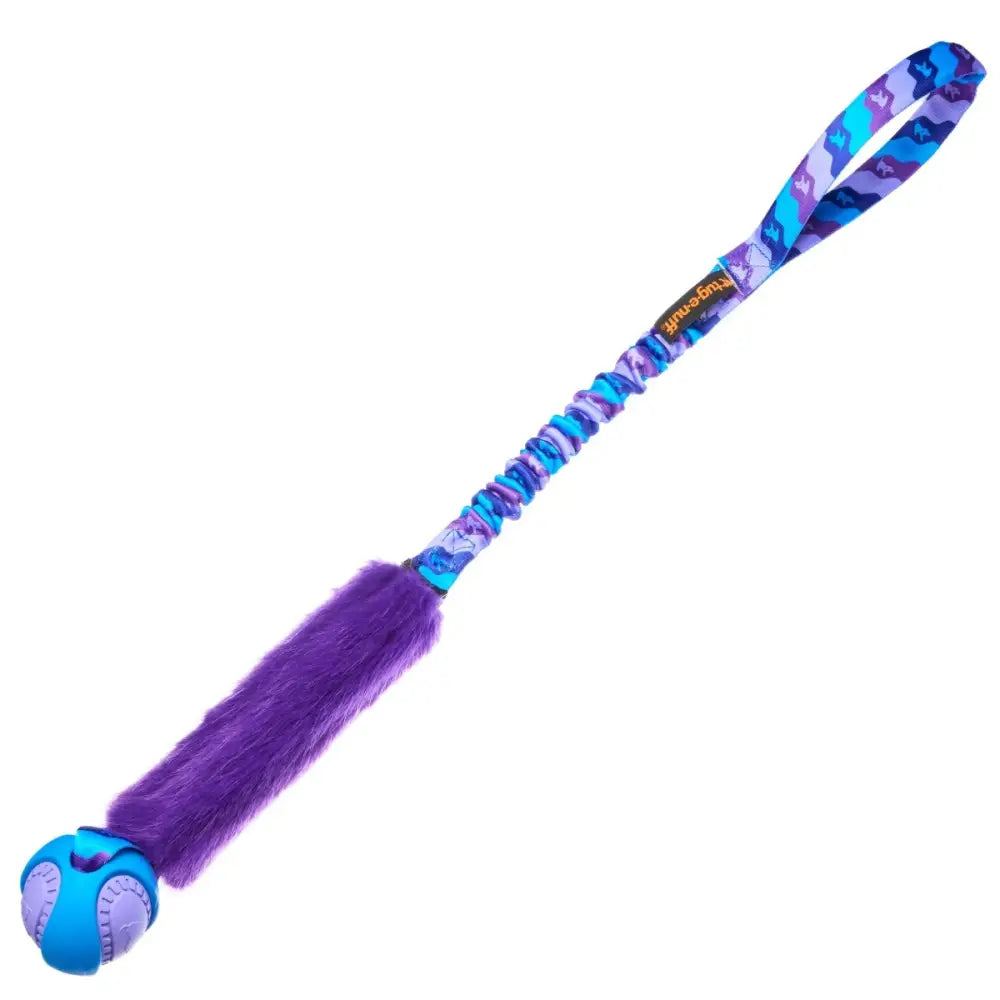 Fauxtastic PowerBall Bungee Tug toy with purple blue pattern and fuzzy handle