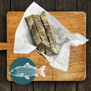 Wooden cutting board with fish fillets for Fish Stick Chew Box Large, ideal fish stick chews