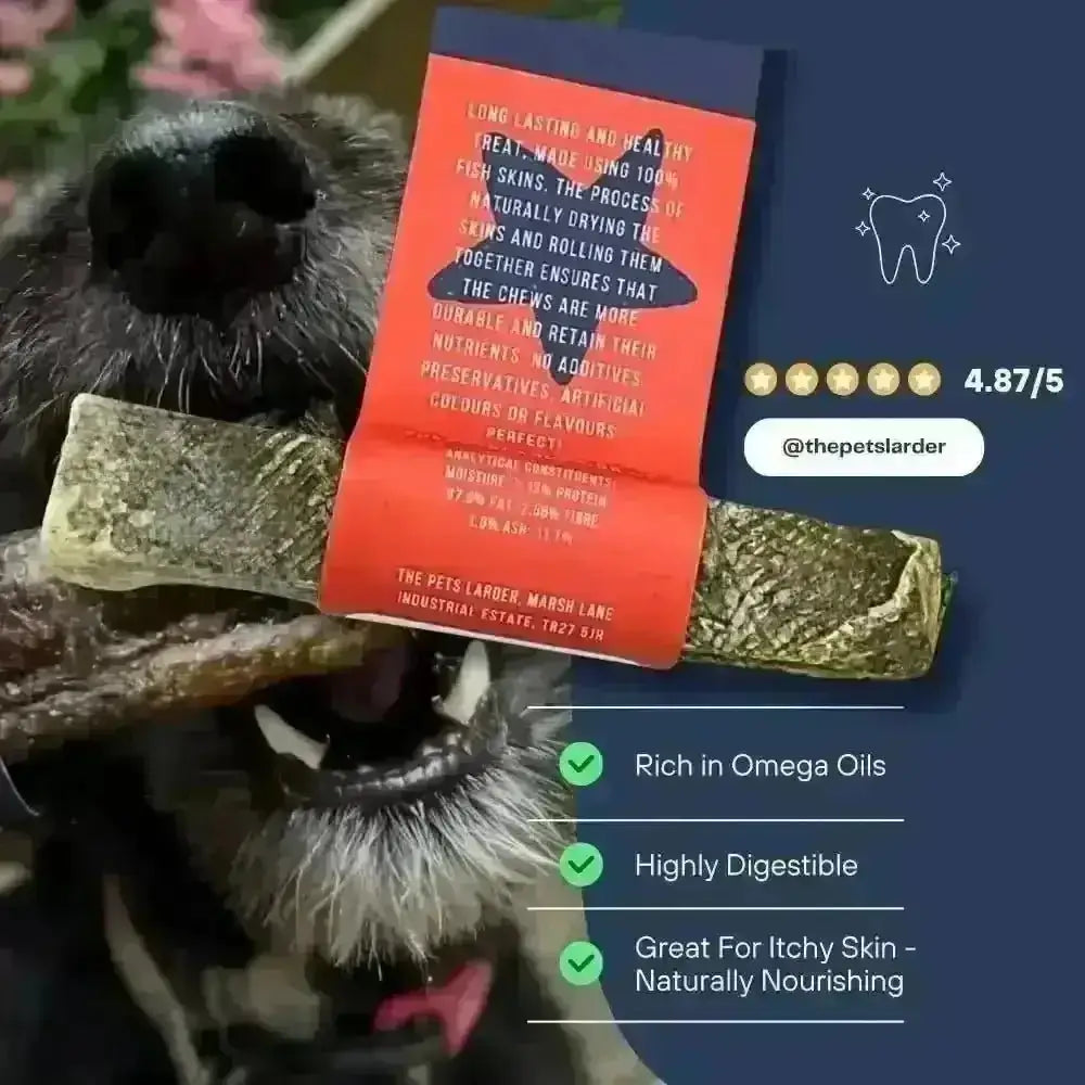 Natural fish stick chew for dogs with green and brown hues and textured surface