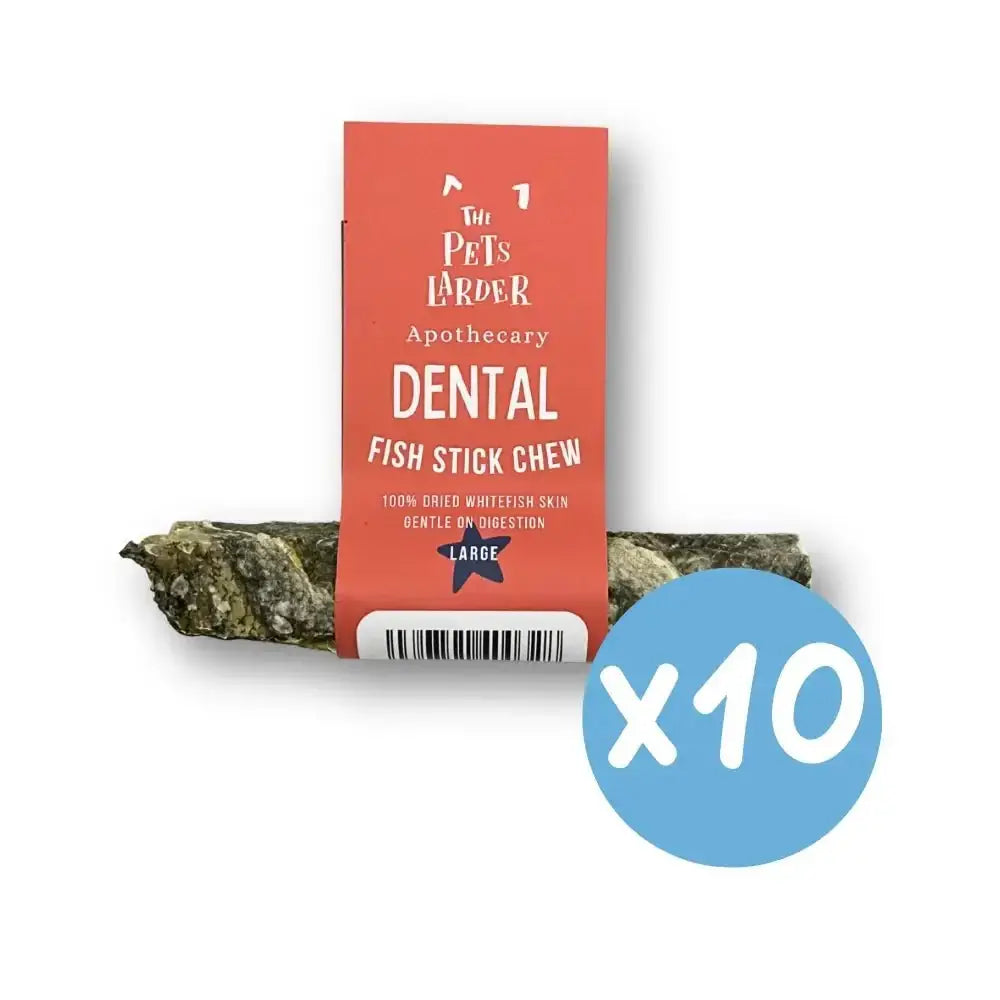Fish stick chews for dogs in green and white packaging, 10-pack, ideal for dental health