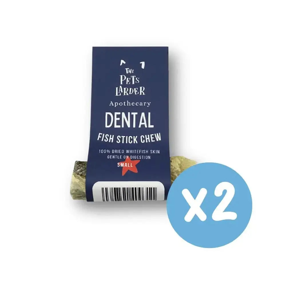 Fish Stick Chews for Dogs in white and green packaging with a blue label