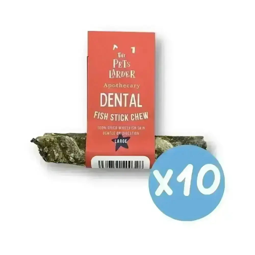 Fish stick chews for dogs in green and white packaging, 10-pack, ideal for dental health
