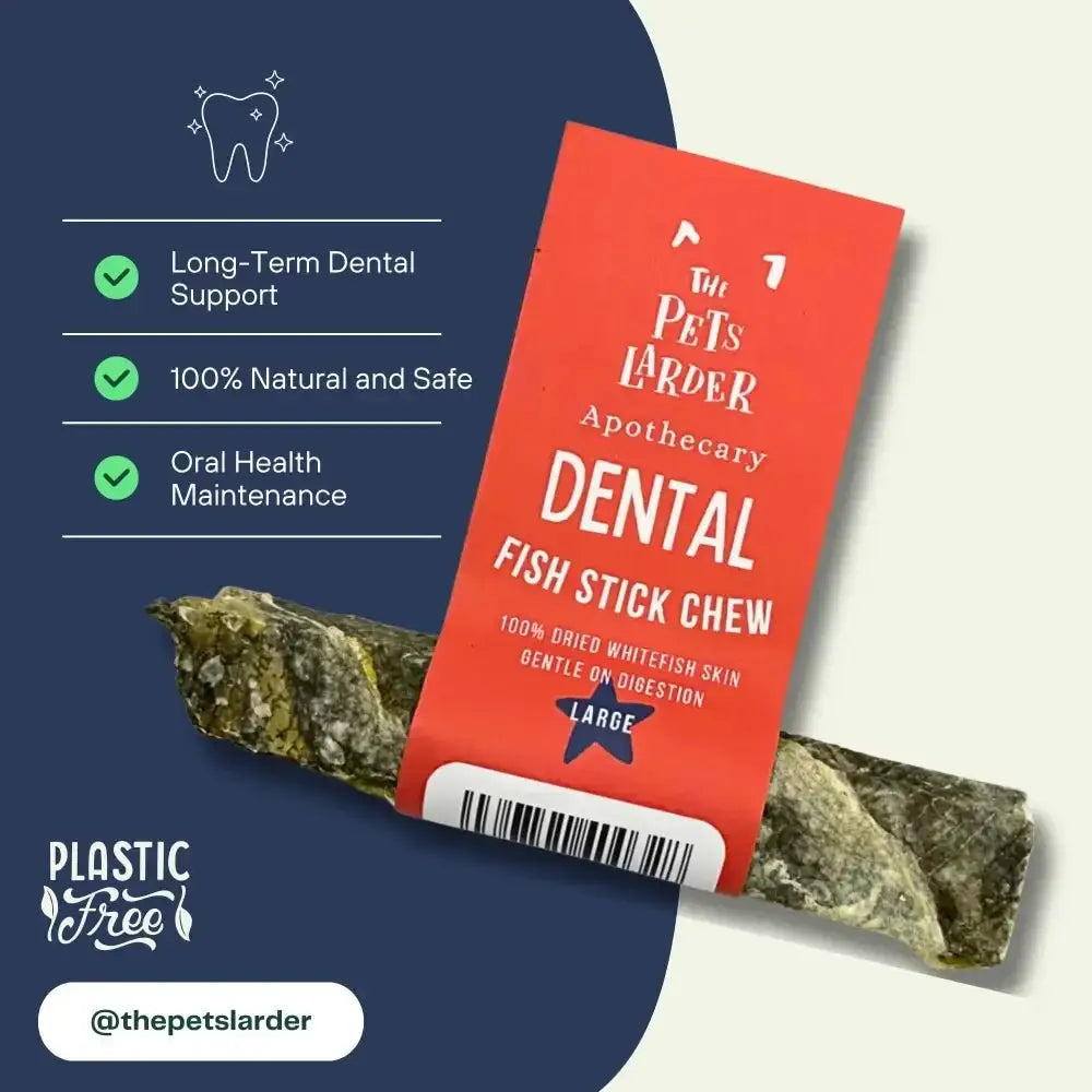 Red Fish Stick Chew for Dogs with white text and green checkmarks on dark background