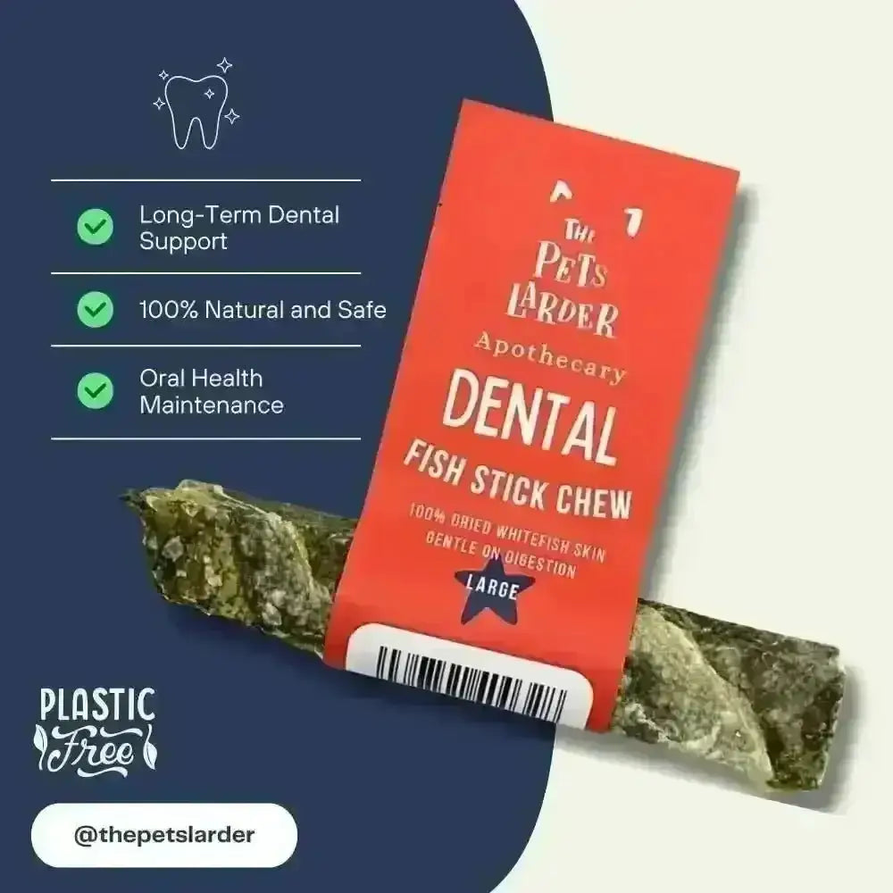 Red Fish Stick Chew for Dogs with white text and green checkmarks on dark background