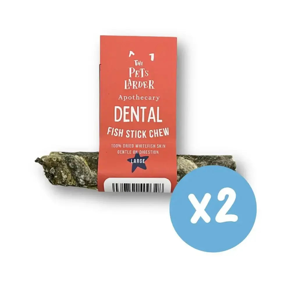 Dental Fish Stick Chews for Dogs in red packaging with white label and blue X2 symbol