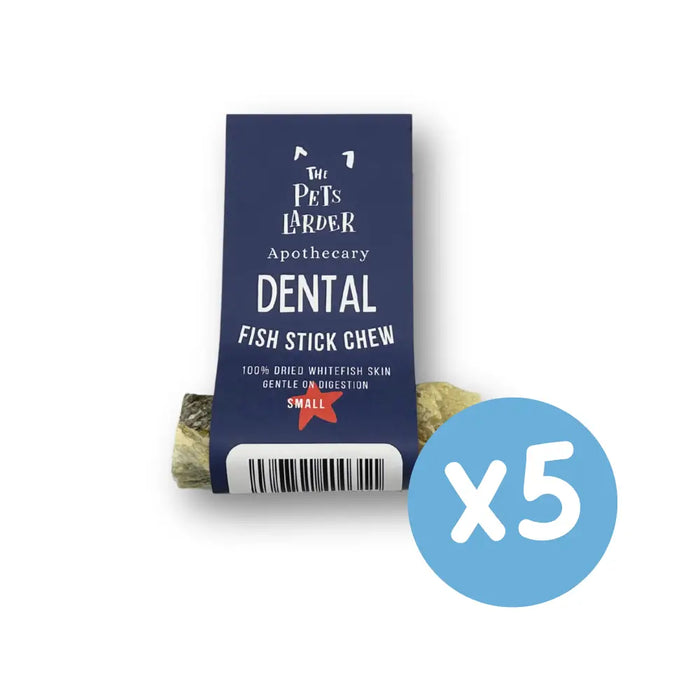 Dental fish stick chew with packaging labeled 'The Pet's Larder Apothecary' on a white background.