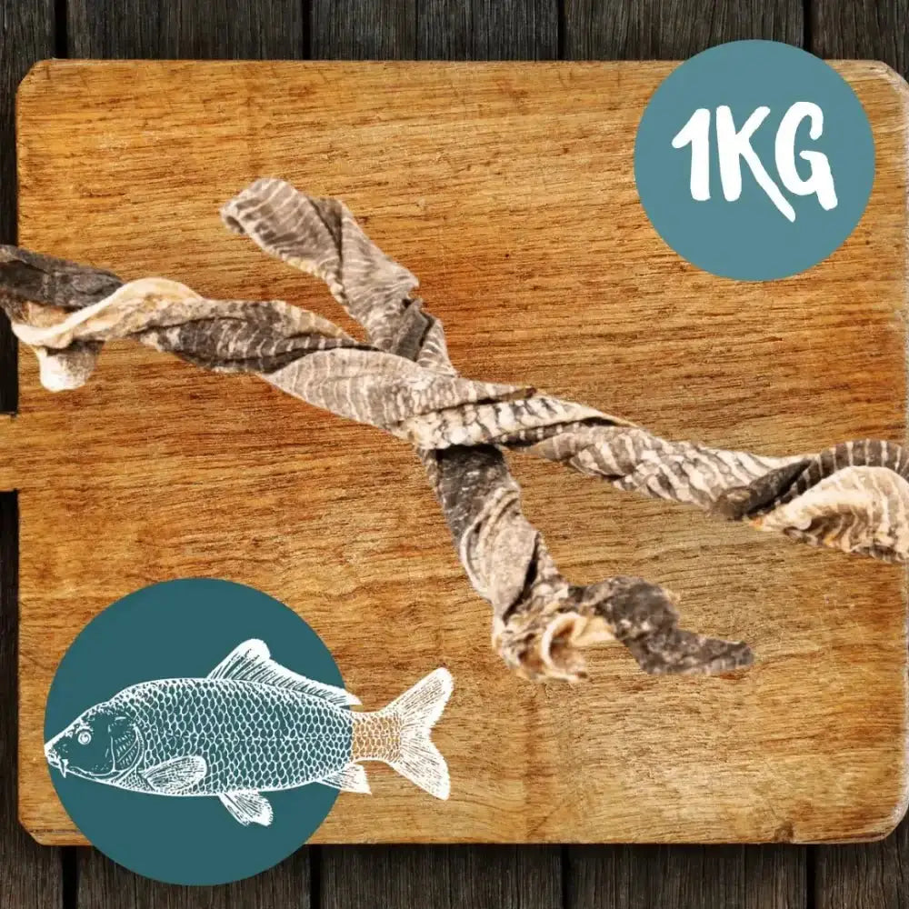Dried fish snack on wooden board for Fish Twirl Chew For Dogs 1kg Bag