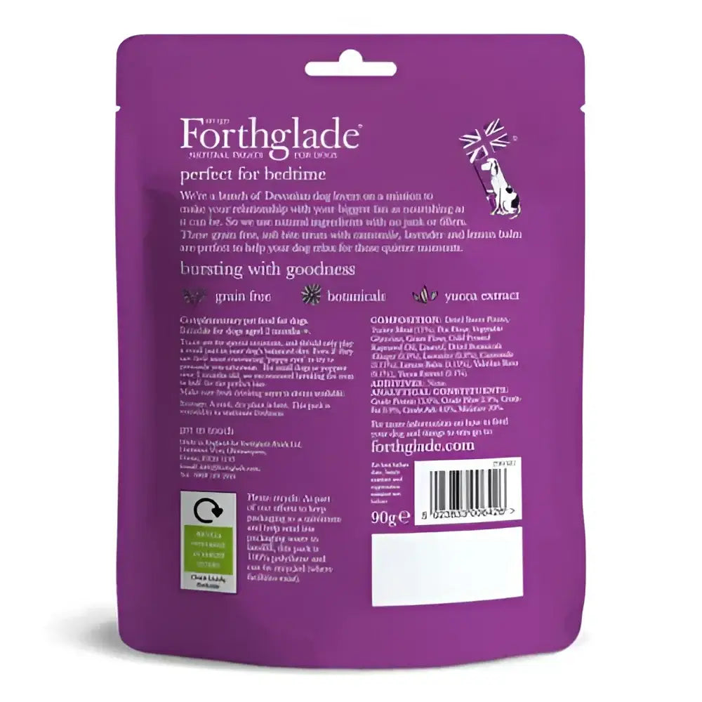 Forthglade Calming Soft Bites with Turkey, Camomile, Lavender, Lemon Balm in purple packaging