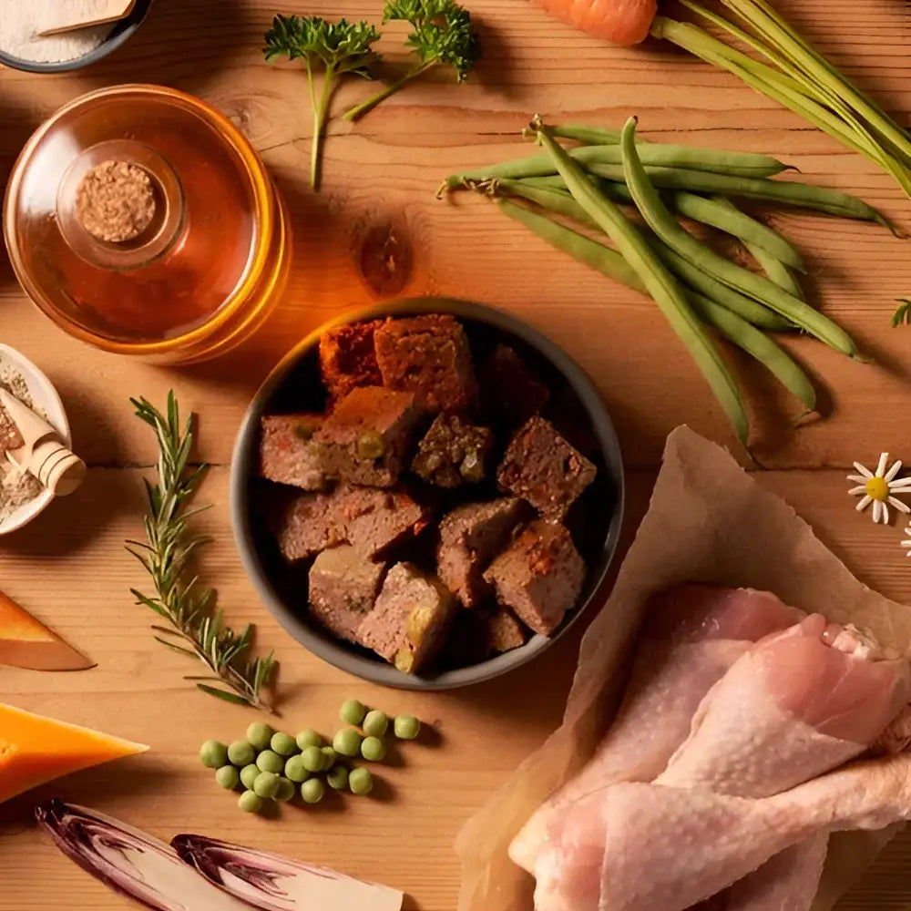 Dark brown beef jerky in black bowl with herbs, from Forthglade variety pack