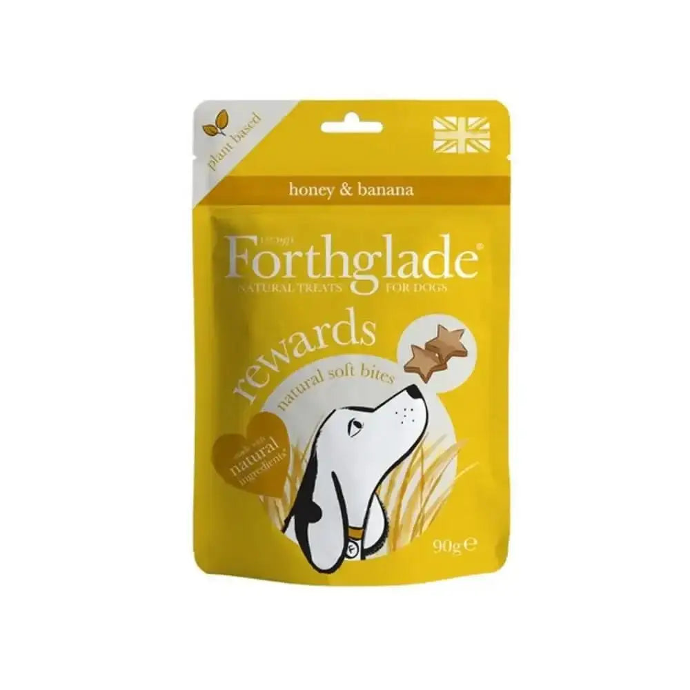 Forthglade Functional Soft Bites Banana and Honey dog treat bag on yellow background