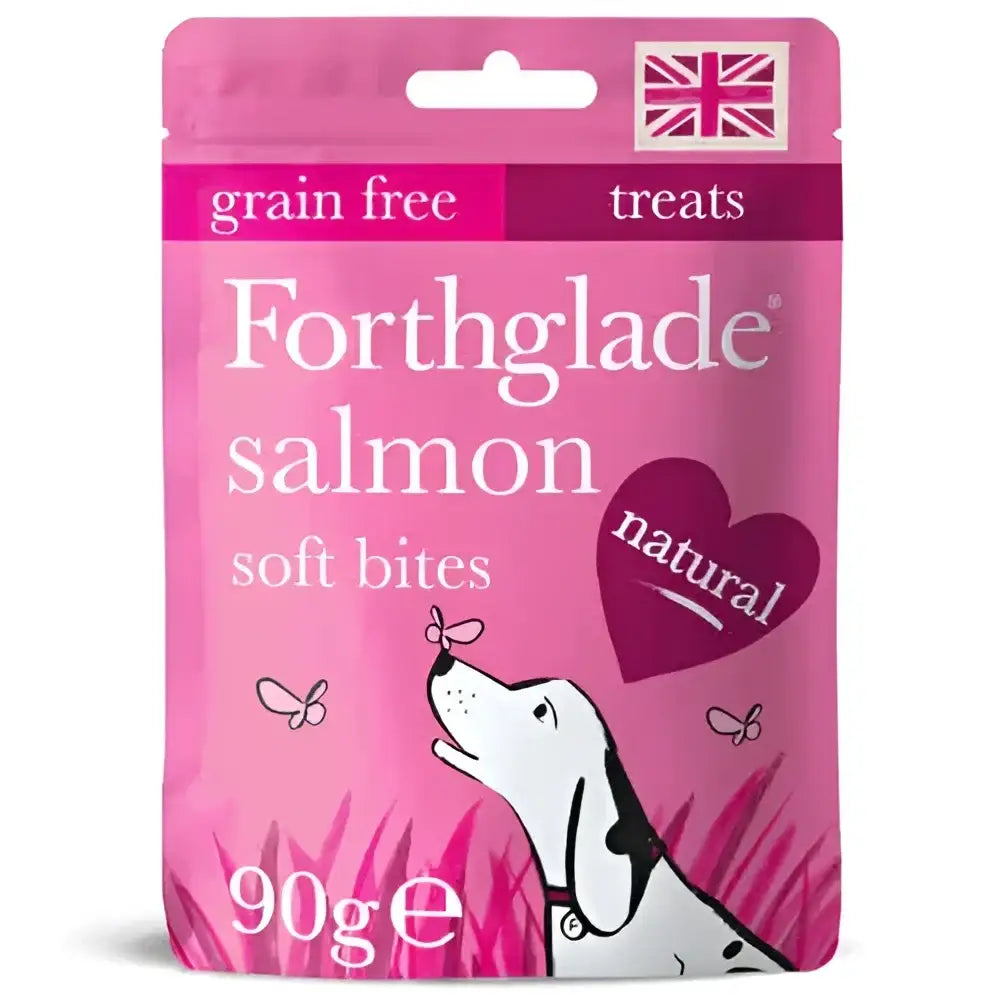 Forthglade Natural Soft Bite Treats with Salmon for canine companions in pink and white packaging