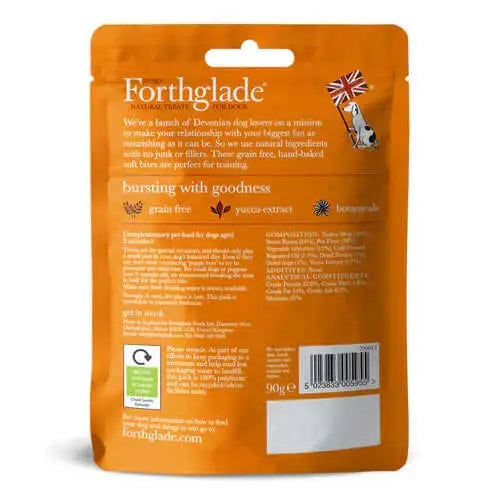 Orange Forthglade grain-free dog treat bag with heart-shaped, easily broken treats in 90g package