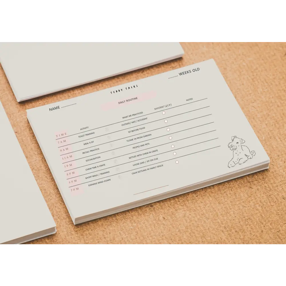 White Teddy Talks puppy routine tracker cover with pink accents and dog illustration