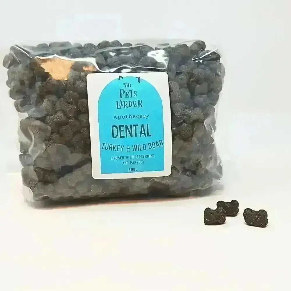 Freshly prepared turkey and wild boar dental dog treats bag