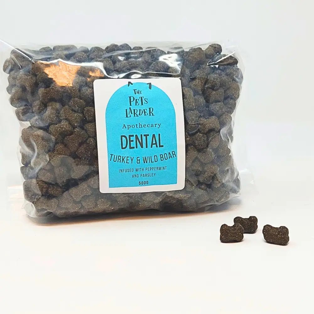 Freshly prepared turkey and wild boar dental dog treats bag