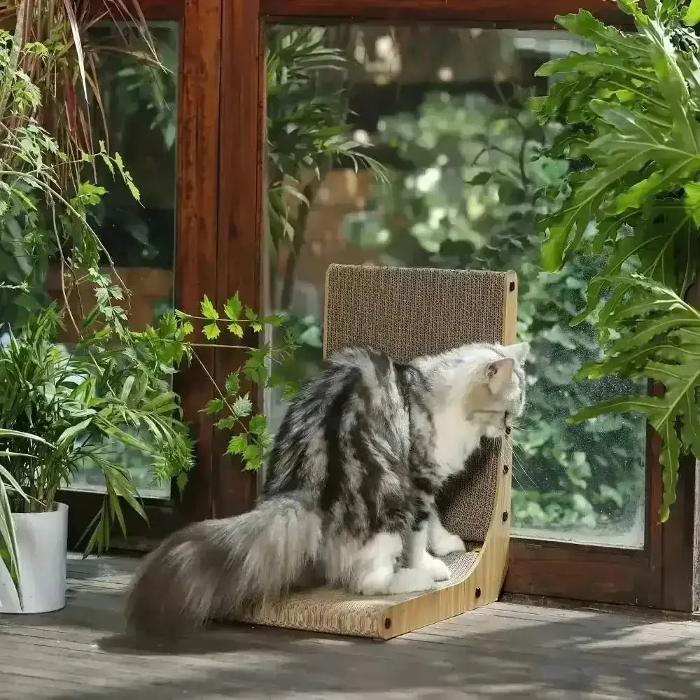 Wooden FUKUMARU Cat Scratcher with curved design and sisal rope surface in light brown