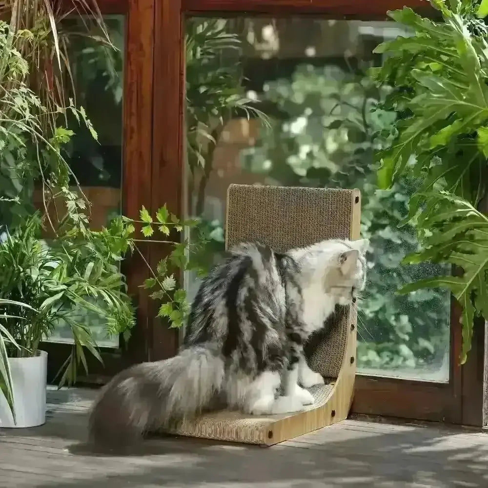 Wooden FUKUMARU Cat Scratcher with curved design and sisal rope surface in light brown