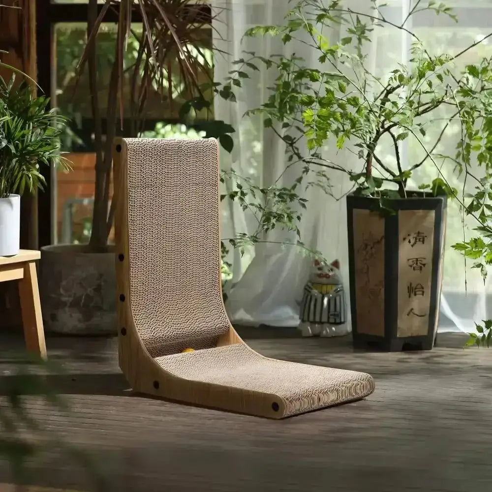 Rattan floor chair with wooden legs and adjustable backrest, beige, ideal for FUKUMARU Cat Scratcher