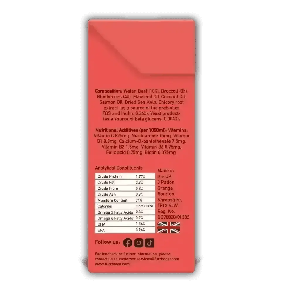 Furr Boost Dog Drink Beef Broccoli carton with nutrition info