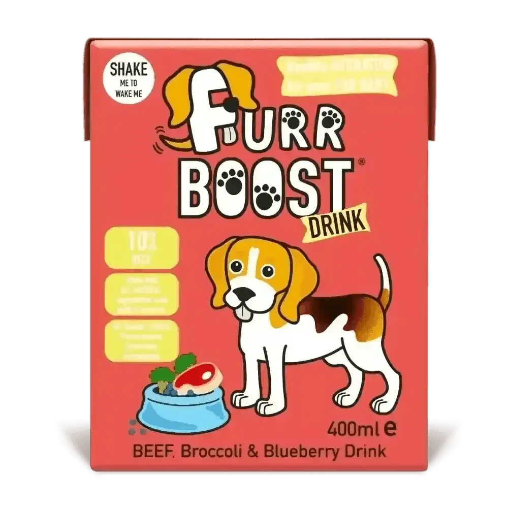 Furr Boost Dog Drink beef broccoli serving chart with pink hearts