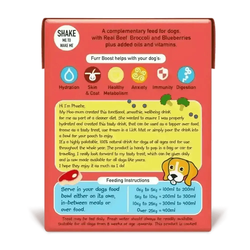 Furr Boost Dog Drink beef broccoli carton with red pouch and puppy