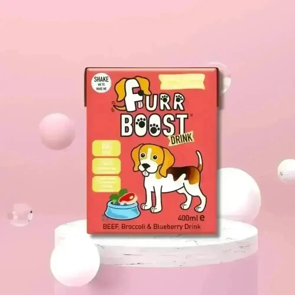 Furr Boost Dog Drink with beef broccoli flavor and beagle illustration