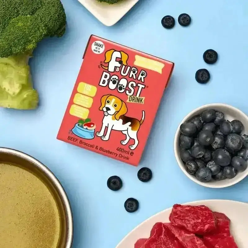 Furr Boost Dog Drink beef broccoli blueberry flavor carton illustration