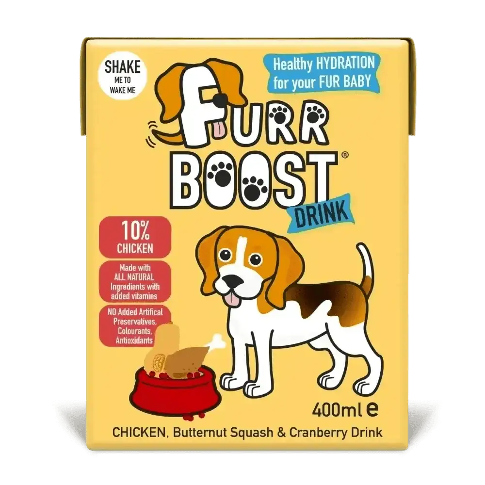 Furr Boost Dog Drink with butternut squash, chicken, cranberry, beagle illustration