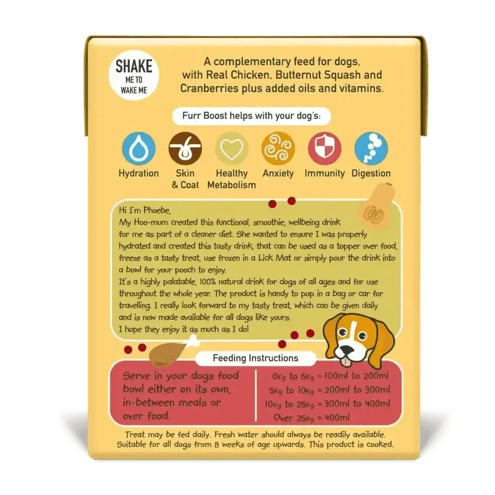 Furr Boost Dog Drink with chicken, butternut squash, and cranberry in 400ml carton