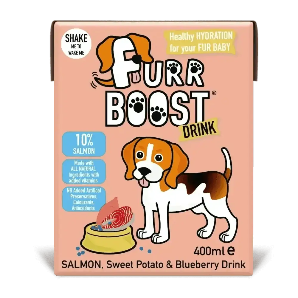 Furr Boost Dog salmon sweet potato drink with beagle pouch illustration