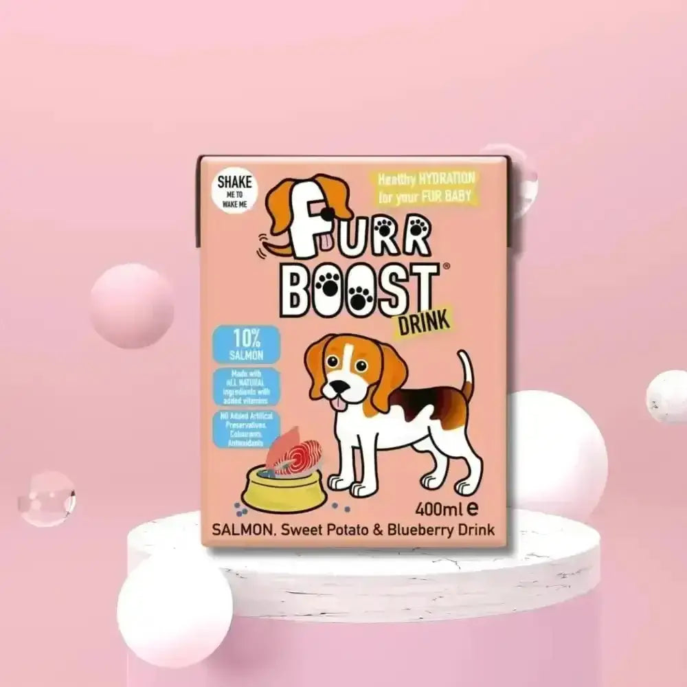 Salmon sweet potato blueberry drink pouch with dog illustration on pink background.