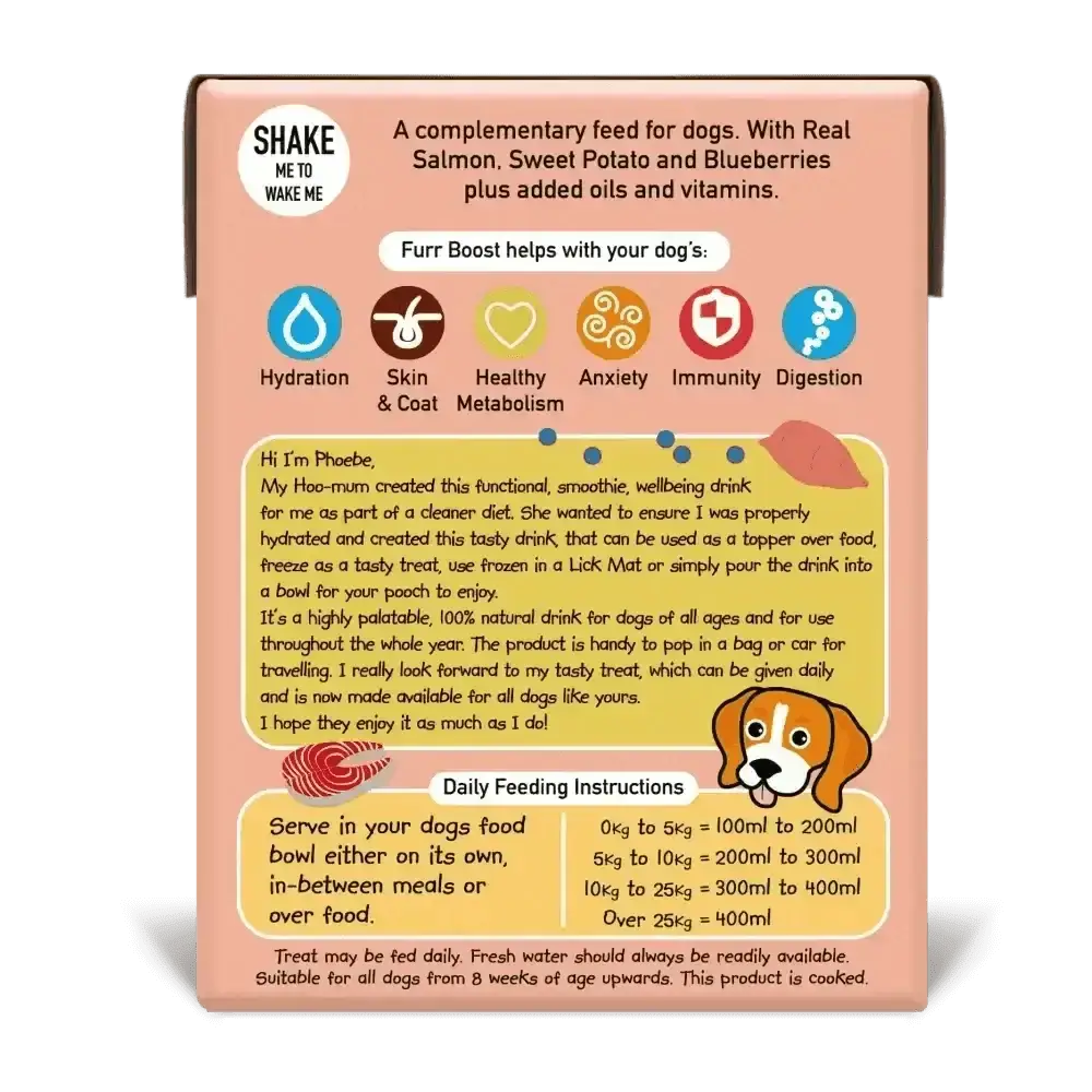 Furr Boost Dog Drink with salmon sweet potato flavor, beagle illustration