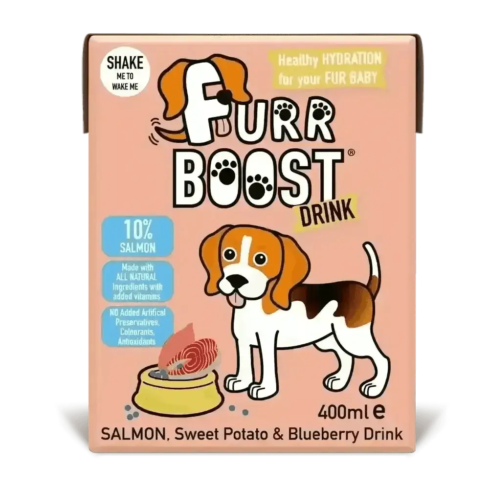 Furr Boost Dog salmon sweet potato drink with beagle pouch illustration