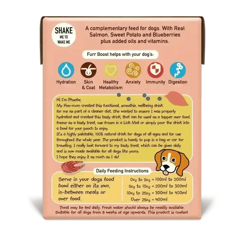 Furr Boost Dog Drink with salmon sweet potato flavor, beagle illustration