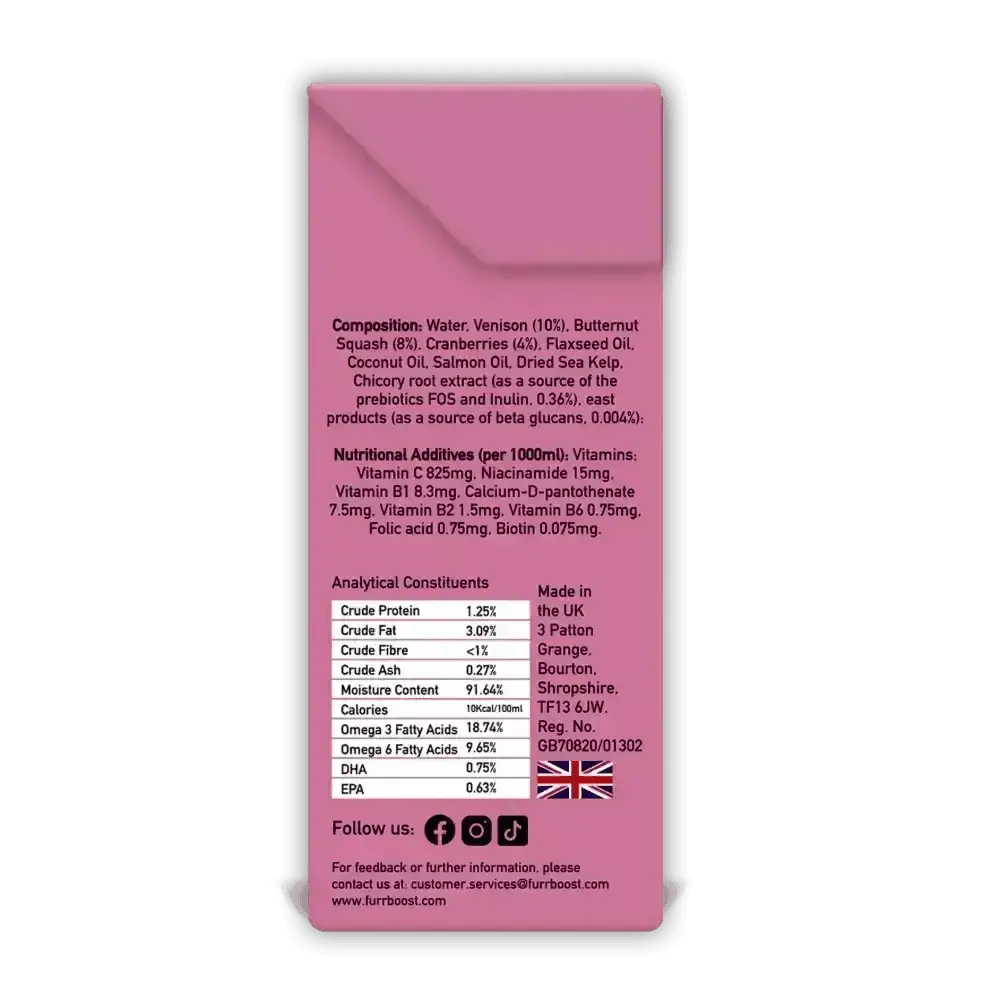 Pink Furr Boost Dog Drink carton with venison, butternut squash, cranberry, 400ml