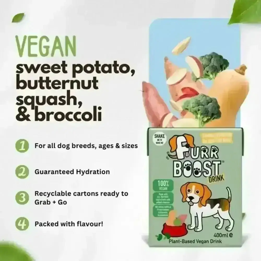 Furr Boost Vegan Dog Drink with sweet potato, squash, broccoli and dog illustration